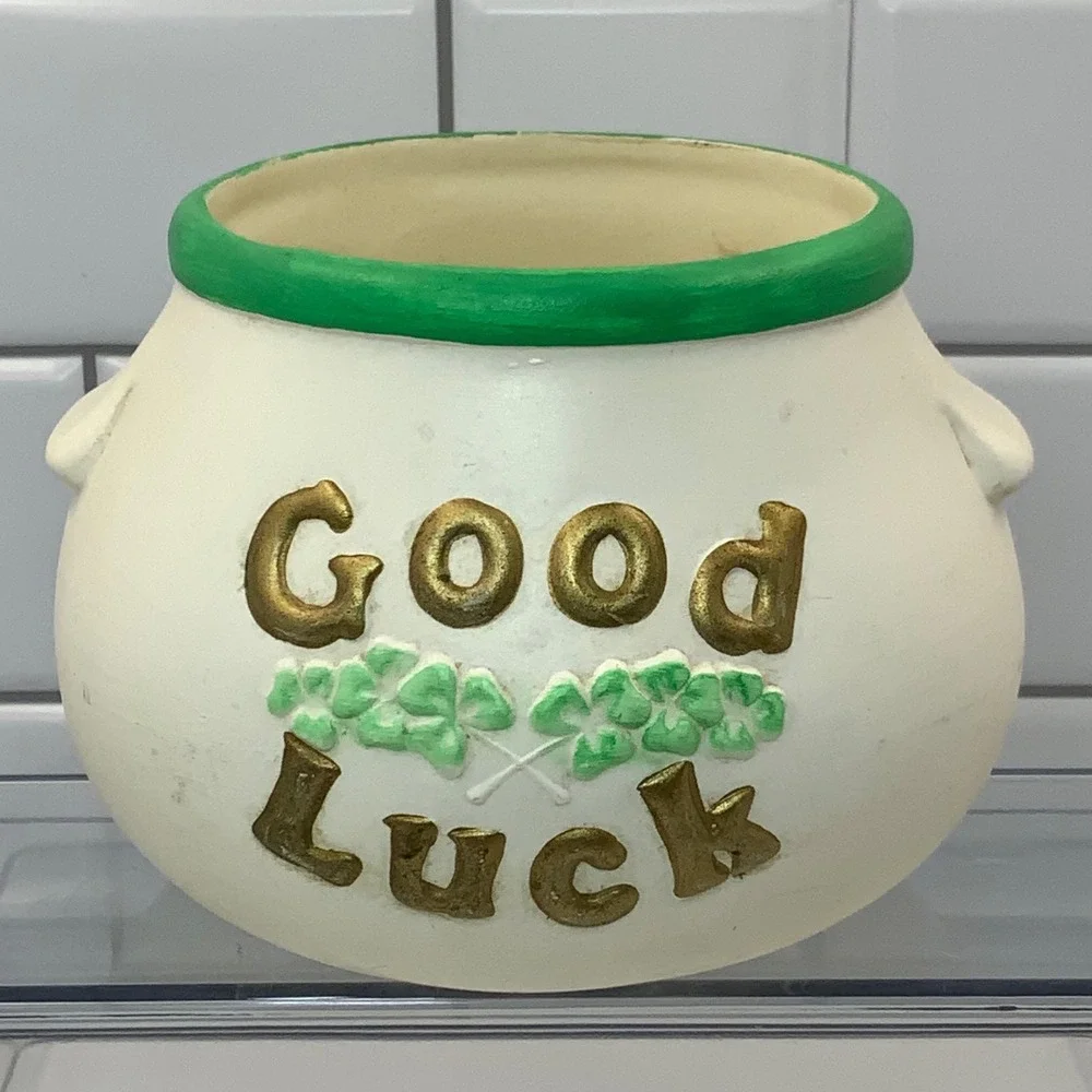 Vintage Good Luck Shamrock Cauldron Ceramic Planter White Green Gold 3.5in